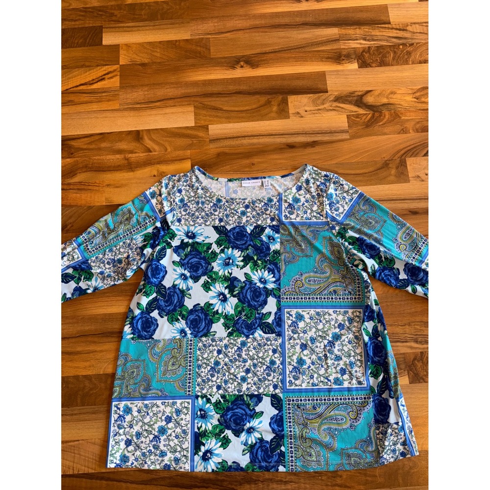 Susan Graver Blue Teal Floral Patchwork Tunic